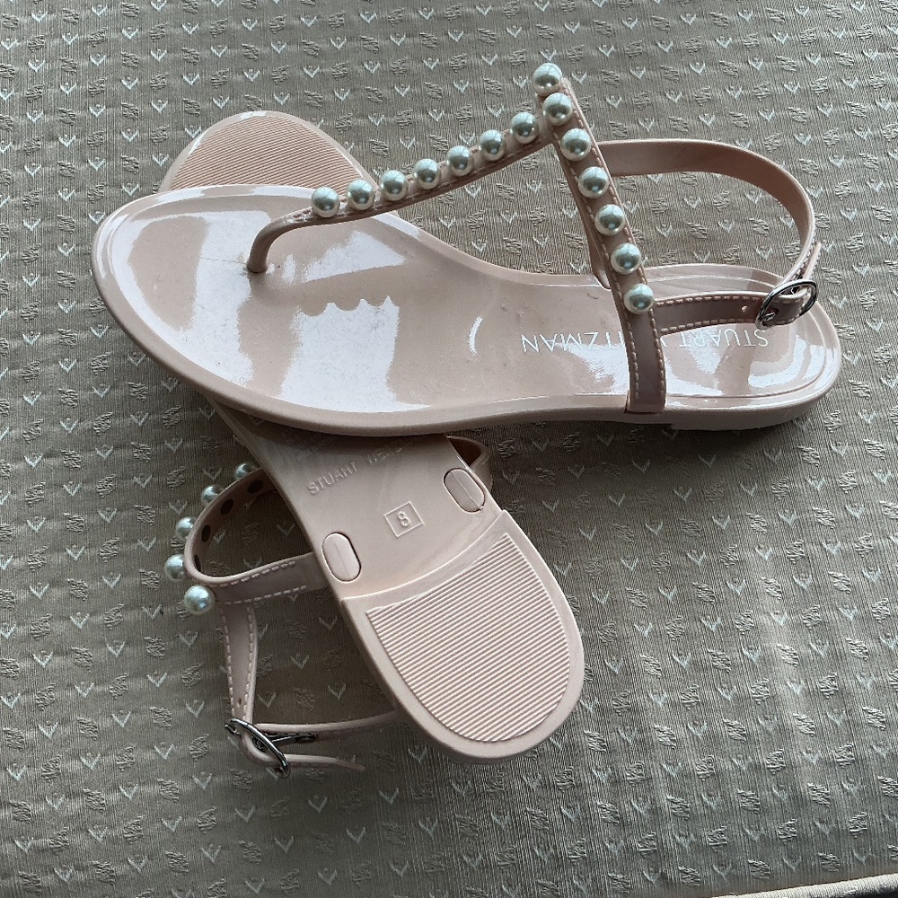 Stuart Weitzman Goldie Pearly Stud Jelly Sandals Pearl embellished Sz 8
